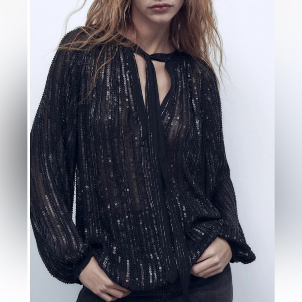 Zara Black Voluminous Sequin Blouse